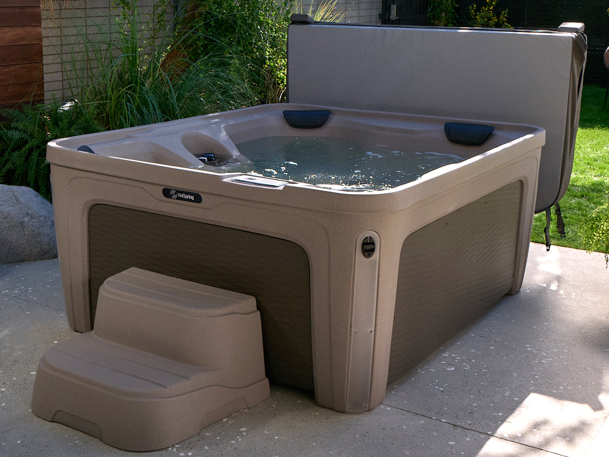 Azure Hot Tub, 5 Seat With A Lounge, Sand and Diamond Weave, With Steps and a Cover Lifter
