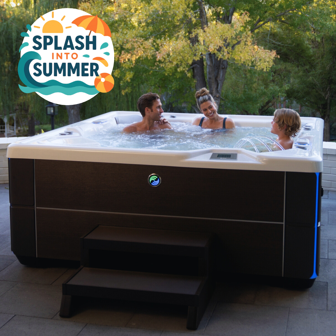 Family in a Hot Spring Spa Aria, Splash Into Summer Sale Logo