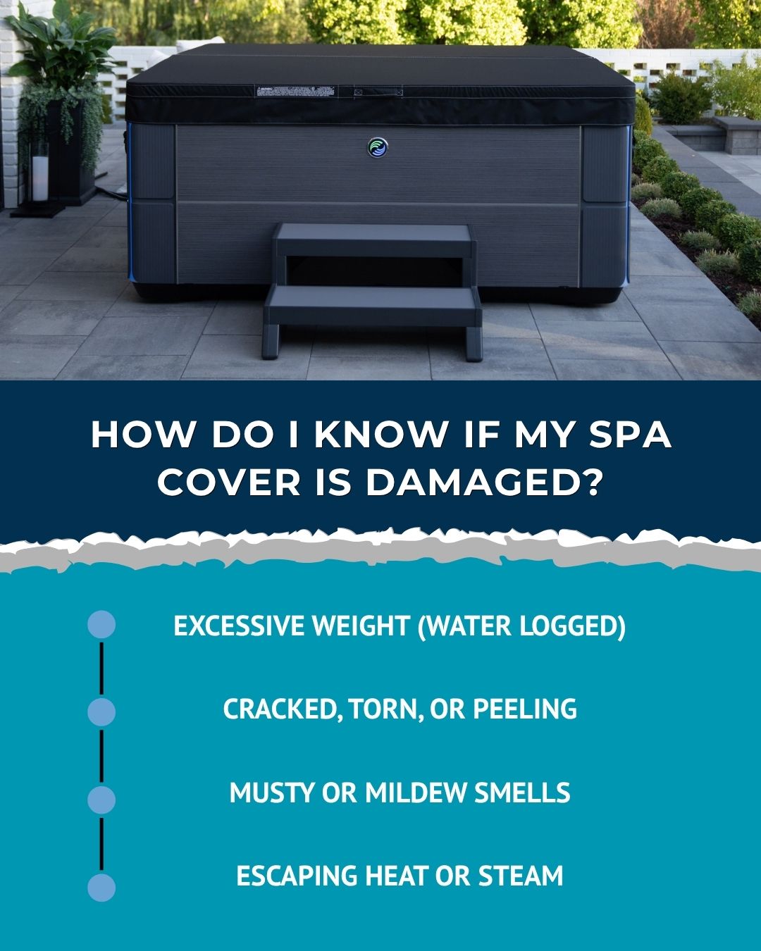 A large outdoor hot tub or spa with a black cover sits on a paved patio in a backyard setting. A dark step stool is placed in front of the unit.